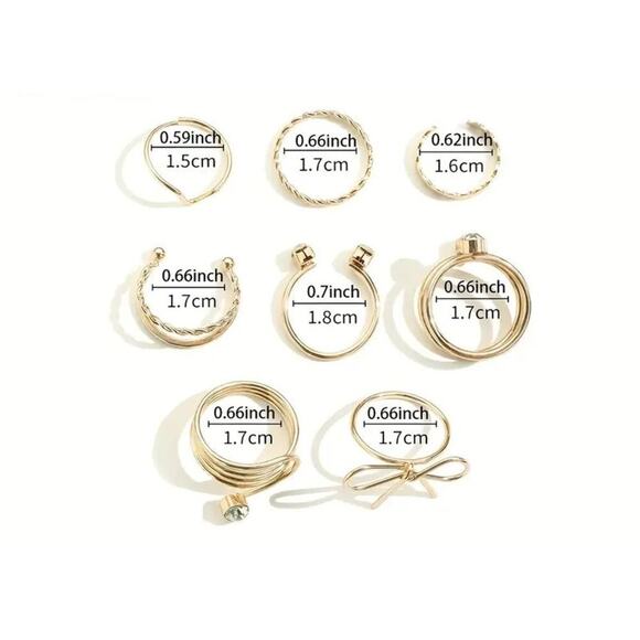 NEW 8pc Gold Ring Set – Coquette Bow, Braided & Adjustable Rings Size 6-7 - Picture 4 of 5